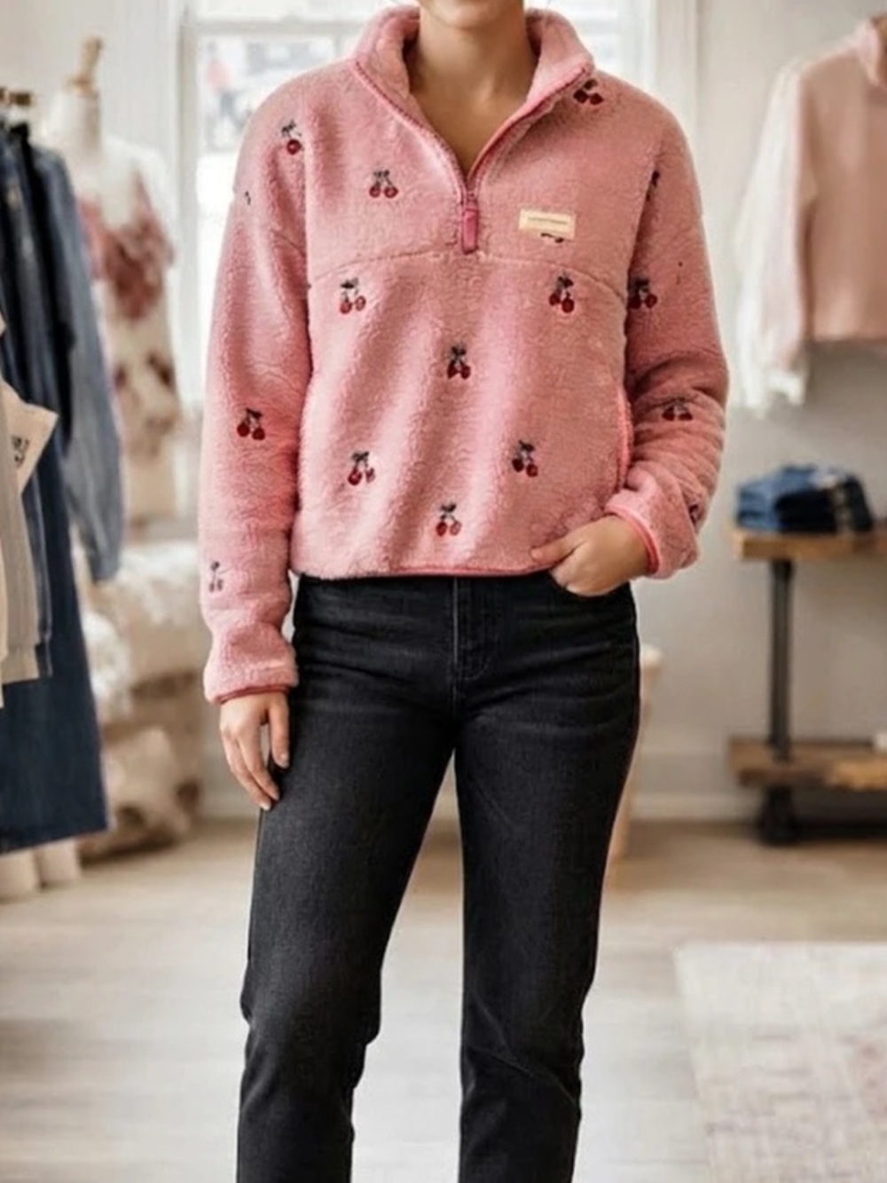 Simply Southern Cherry Print 1/2 Zip Fleece Pullover Pink